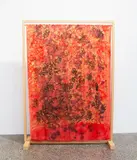 Rozana Lee, Vermillion Dream (2020), melted wax, fabric dye and Schminke acrylic ink on silk, with pine wood standing frame with oil paint tinted varnish