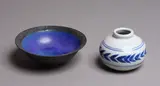 Graeme Storm, Small blue and white jar, together with a small blue matt barium glazed bowl (the bowl repaired)