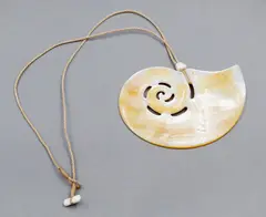 Steve Myhre, Nautilus-shaped mother-of-pearl pendant, carved & polished mother-of-pearl pendant, cord necklace