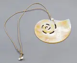 Steve Myhre, Nautilus-shaped mother-of-pearl pendant, carved & polished mother-of-pearl pendant, cord necklace