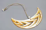 Steve Myhre, Large moon-shaped mother-of-pearl pendant, carved & polished mother-of-pearl pendant decorated with chevrons, cord necklace