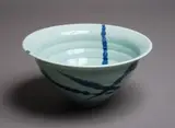 Large stepped bowl by John Dawson (New Zealand & Uk), with pale celadon glaze and cobalt blue gestural decoration, offered May 2024