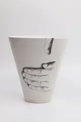 John Parker & Terry Stringer, Large conical bowl, made by John Parker with grainy photo prints of John’s hands taken by Terry Stringer, both inside and outside, arranged to look like John’s hands while potting, mid-1990s