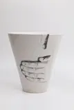 John Parker & Terry Stringer, Large conical bowl, made by John Parker with grainy photo prints of John’s hands taken by Terry Stringer, both inside and outside, arranged to look like John’s hands while potting, mid-1990s