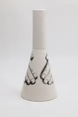 John Parker & Terry Stringer, Tall cone-shaped vase from the Works in Progress series, made by John Parker with grainy photo prints of John’s hands taken by Terry Stringer, arranged to look like John’s hands while potting, mid-1990s