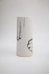 John Parker & Terry Stringer, Cylinder vase from the Works in Progress series, made by John Parker with grainy photo prints of John’s hands taken by Terry Stringer, both inside and outside, arranged to look like John’s hands while potting, mid-1990s
