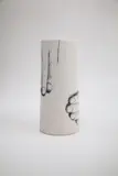 John Parker & Terry Stringer, Cylinder vase from the Works in Progress series, made by John Parker with grainy photo prints of John’s hands taken by Terry Stringer, both inside and outside, arranged to look like John’s hands while potting, mid-1990s