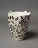 Platinum lustre vase by Keith Murray and Millicent Taplin for Wedgwood, with a silver resist floral pattern on a Moonstone glazed ground, sold May 2024