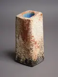 Rare square slab vase by Len Castle, of slight tapering form, with heavily crackled glaze and textured surface, with natural patina and flaking, blue unglaze, sold May 2024