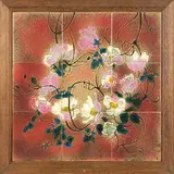 Gennie de Lange, Framed set of nine tiles, decorated with flowers on a dark red ground