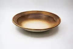 Large table bowl by Ray Rogers, stoneware with tan and brown ash glaze, sold May 2024