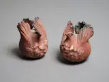 Rosemarie McClay, Pair of ceramic birds, ochre rub with black and white detailing