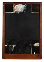 Ralph Hotere, Vive Aramoana, acrylic on board in original villa sash window frame