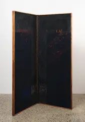 Aramoana, Koputai by Ralph Hotere, acrylic on canvas panels mounted on wooden frames set inside two-panel folding screen, offered Mar 2024