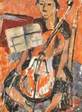 Toss Wollaston, The Cellist (Portrait of Alvira Wicherly)/Nelson Landscape, oil on cardboard, circa 1937