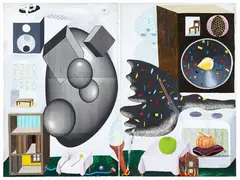 Observing Young Woman’s Dress Sense by Andrew McLeod, silkscreen, oil, gouache, and graphite on canvas, diptych, offered Feb 2024