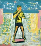 Billy McQueen, Boy Eating Toast on Skateboard, oil & rabbit skin gesso on canvas