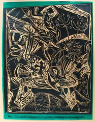 Philip Clairmont, Large still life with vase, palette and objects, linocut