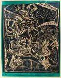 Philip Clairmont, Large still life with vase, palette and objects, linocut
