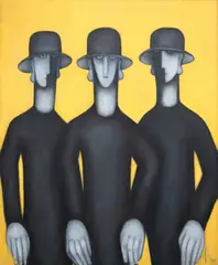 Agnes Wood, Three Thin Men Wearing Hats, acrylic on canvas