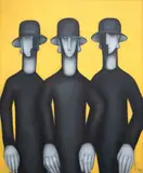 Agnes Wood, Three Thin Men Wearing Hats, acrylic on canvas