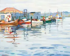 Owen Raymond Lee, Untitled (fishing boats), oil on canvas board