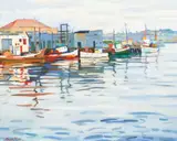 Owen Raymond Lee, Untitled (fishing boats), oil on canvas board