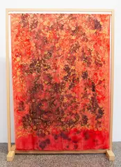 Rozana Lee, Vermillion Dream (2020), melted wax, fabric dye and Schminke acrylic ink on silk, with pine wood standing frame with oil paint tinted varnish