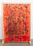 Rozana Lee, Vermillion Dream (2020), melted wax, fabric dye and Schminke acrylic ink on silk, with pine wood standing frame with oil paint tinted varnish