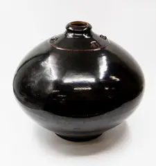 Greg Barron, Floor vase, stoneware with tenmoku glaze and impressed details around the neck