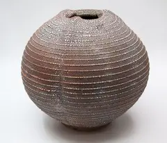Greg Barron, Large quatrefoil-shaped vase, stoneware with a thick heavily crackled shino glaze