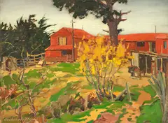 Archibald Nicoll, The Red Barn, oil on board