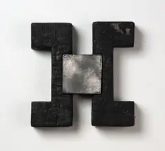 Julia Morison, Codex II, lead and ash on shaped timber