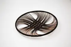 Small grid pattern round dish by Ruth Castle, fine woven rattan, sold Feb 2024