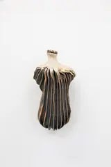 Small hanging bottle by Len Castle, stoneware with heavily ribbed surface with dark iron oxide wash, blue glaze to interior (small chips), sold Feb 2024