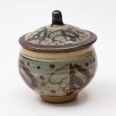 St Ives Pottery, Lidded sugar bowl, stoneware, iron oxide brushed pattern on a pale cobalt blue band over a pale grey ground