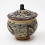 St Ives Pottery, Lidded sugar bowl, stoneware, iron oxide brushed pattern on a pale cobalt blue band over a pale grey ground