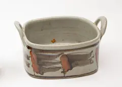 Stoneware handled tray by Merilyn Wiseman, decorated with typical abstract design, offered Feb 2024