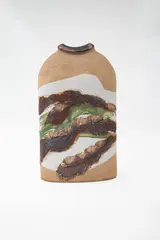 Royce McGlashen, Stoneware vase, with textured and painted decoration of a stylized landscape
