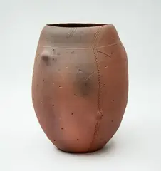Steve Fullmer, Terracotta vase, the irregular shaped body decorated with abstract and geometrical patterns