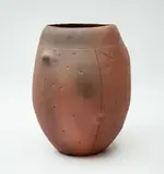 Steve Fullmer, Terracotta vase, the irregular shaped body decorated with abstract and geometrical patterns