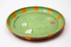 Steve Fullmer, Neudorf Vineyards dish, glazed terracotta decorated with incised and painted design on a bright green ground