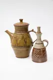 Peter Stichbury, A coffee pot and an oil bottle, stoneware with ash and tenmoku glazes