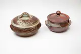 Lawrence Ewing and Peter Stichbury, Two small casserole dishes, the first with shino glaze, the second with wax resist decoration