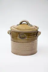 Hillside Pottery, Salt glazed lidded storage jar, with olive ash glaze to the upper section