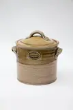 Hillside Pottery, Salt glazed lidded storage jar, with olive ash glaze to the upper section