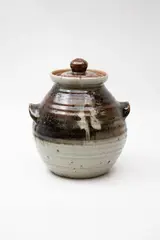 Large stoneware lidded jar by Potter Unknown, with tenmoku and ash glazes, offered Feb 2024