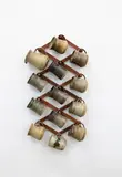 Jack Laird, A collection of twelve stoneware mugs, together with a small jug (AF), with hanging wooden stand
