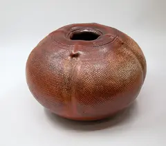 Greg Barron, Large quatrefoil-shaped vase, shino glazed stoneware, the sides 'textured' with impressed decoration