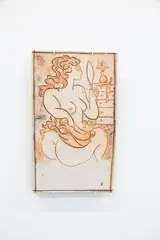 Stoneware tile by Potter Unknown, with incised decoration of a nude woman, sold Feb 2024